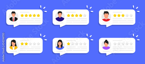 User reviews online. Customer feedback review experience rating. People giving feedback. Clients choosing satisfaction rating and leaving reviews. Online customer feedback experience rating