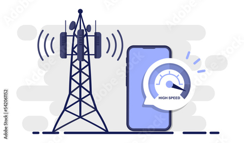 Internet speed test in smartphone. Hand keeps the phone near communication tower. 5G wireless network technology. Concept of wireless high speed of new generation. Phone display with speed test