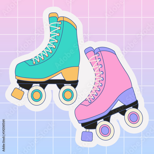 Sticker Retrowave y2k Roller skates. 1990s fashion. Maiden print for graphic t-shirt, journal cover, wrapping paper