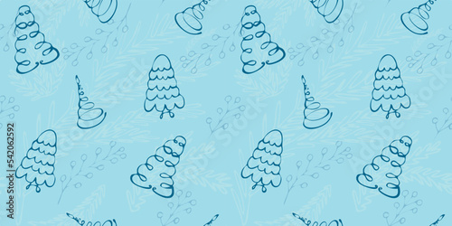 Winter seamless pattern with abstract images of the contours of fir trees on the background of silhouettes of fir branches. Hand drawn Vector illustration for wrapping paper, backgrounds, wallpaper, c