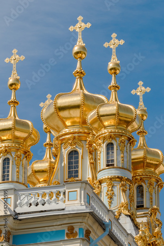 Golden domes of the Church of the Resurrection of Christ in Tsarskoye Selo, St. Petersburg, Pushkin.