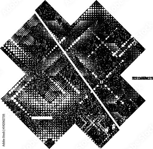 Glitch distorted geometric shape . Minimal art design . Noise destroyed cross logo . Trendy defect error shapes . Glitched x .Broken effect . Distress element . Grunge texture .vector