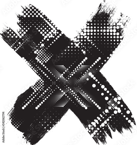 Glitch distorted geometric shape . Minimal art design . Noise destroyed cross logo . Trendy defect error shapes . Glitched x .Broken effect . Distress element . Grunge texture .vector