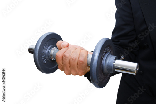 Gesture series: manager symbolically training with a dumbbell.
