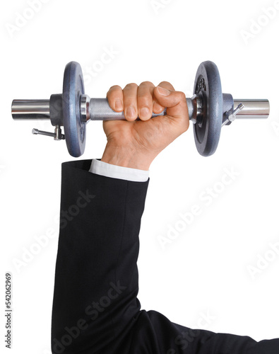 Gesture series: manager symbolically training with a dumbbell.