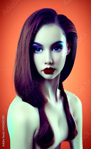Portrait of a beautiful girl with creative makeup and hairstyle. Illustration. Created with the help of artificial intelligence.