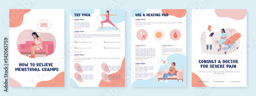 Menstrual pain flat vector brochure template. Health booklet, leaflet printable flat color designs. Editable magazine page, reports kit with text space. Nerko One, Quicksand, Comfortaa fonts used