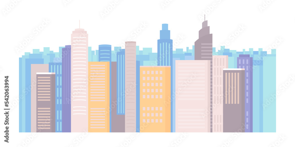 City skyscrapers semi flat color vector element. Editable object. Full sized item on white. Urban view. Business center simple cartoon style illustration for web graphic design and animation
