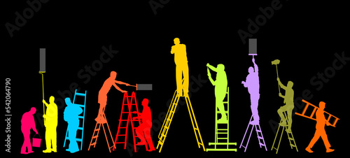 Painter workers on ladder vector silhouette illustration isolated. Man decorator painting wall paint brush roller. Crew renovation home. Handyman move in job. Washing window cleaning service action.
