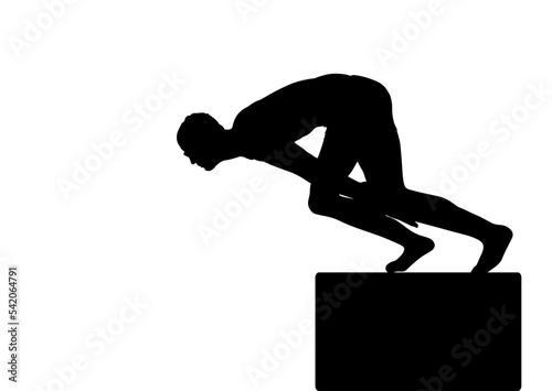 Sport man swimmer jump in water swimming pool vector silhouette illustration isolated on white background. Swimming boy on start race. Athlete figure symbol swim person. Sportsman in competition event