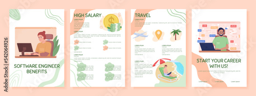 Software engineer benefits flat vector brochure template. Booklet, leaflet printable flat color designs. Editable magazine page, reports kit with text space. Sniglet, Comfortaa fonts used