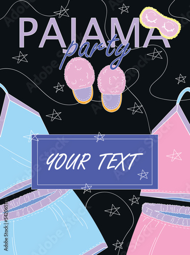 Vector illustration. Pajama party for girls. Children's evening. Watching films.