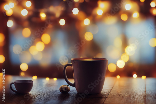 hot drinks against Christmas lights
