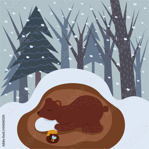 Fotografi The bear sleeps in a hole on a pillow with a pot of honey flat design