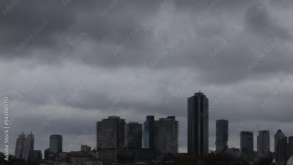 The movement of rain clouds on the skyscrapers in the 4th Levent district, one of the business centers of Istanbul The movement of rain clouds on the skyscrapers in the 4th Levent district, one of the business centers of Istanbul