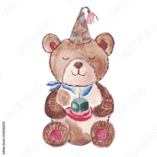 Festive watercolor bear with a cake