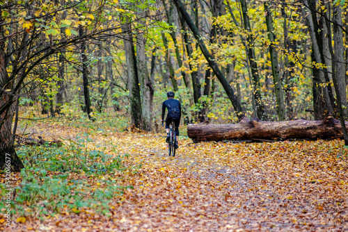 A cyclist riding a bike in an autumn park. Professional mountain bike cyclist riding trail in forest