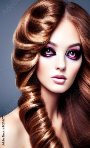 Portrait of a beautiful girl with creative makeup and hairstyle. Illustration. Created with the help of artificial intelligence.