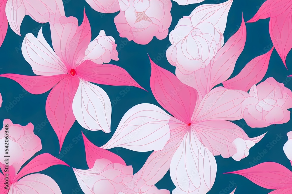 2d illustrated seamless millefleurs pattern, white wild roses on pink background, boho style 2d illustrated seamless millefleurs pattern, white wild roses on pink background, boho style