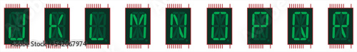 Vector image of a single-digit sixteen-segment
liquid crystal indicator chip in green color.
Displaying capital letters of the english alphabet from J to R on
the indicator screen.