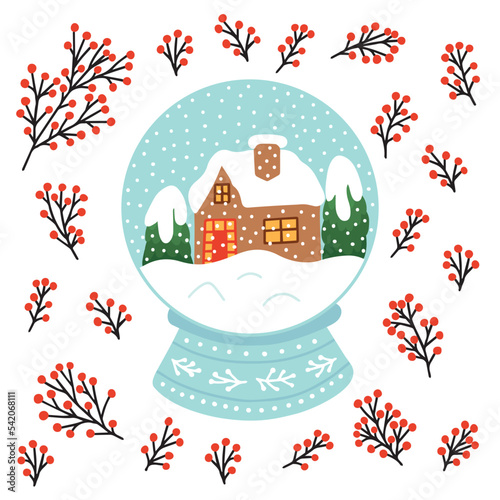 Christmas glass ball vector illustration with winter house and snow. Christmas card with snow ball and winter landscape vector illustration