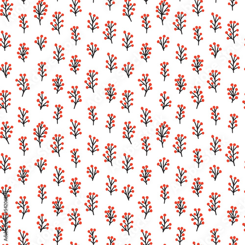 Holly berry vector seamless pattern. Winter nothern plants with red berries pattern on white background