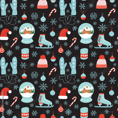 Winter elements Christmas seamless pattern. Vector Christmas Santa hat, mittens, ice skates, snowflakes and candy cane on dark background