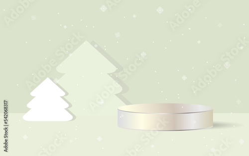 Product banner, podium discount promo sale offer podium platform with christmas tree and snow background