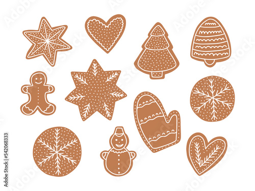 Vector ginger cookie Christmas set. Flat style Christmas cookie in different shape with white icing set,