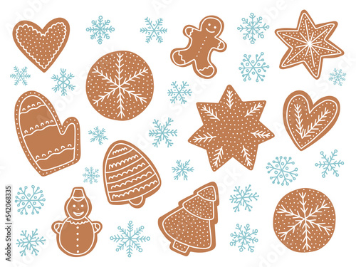 Vector ginger cookie Christmas set. Flat style Christmas cookie in different shape with white icing set,