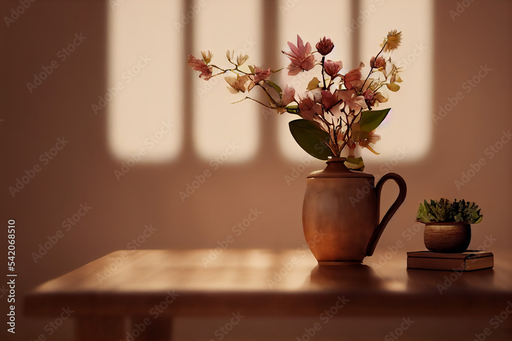 Small flowers and a potted plant on a table Small flowers and a potted plant on a table