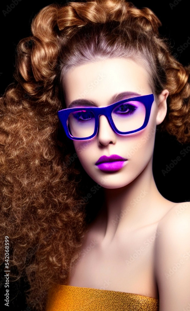 Fototapeta premium Portrait of a girl with creative makeup and hairstyle. Illustration. Generated by Artificial Intelligence.