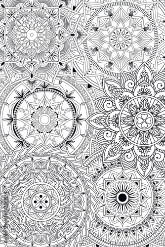 Mandala pattern. Coloring book page. Black and white background. Vector detailed ornament.