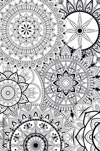 Mandala pattern. Coloring book page. Black and white background. Vector detailed ornament.