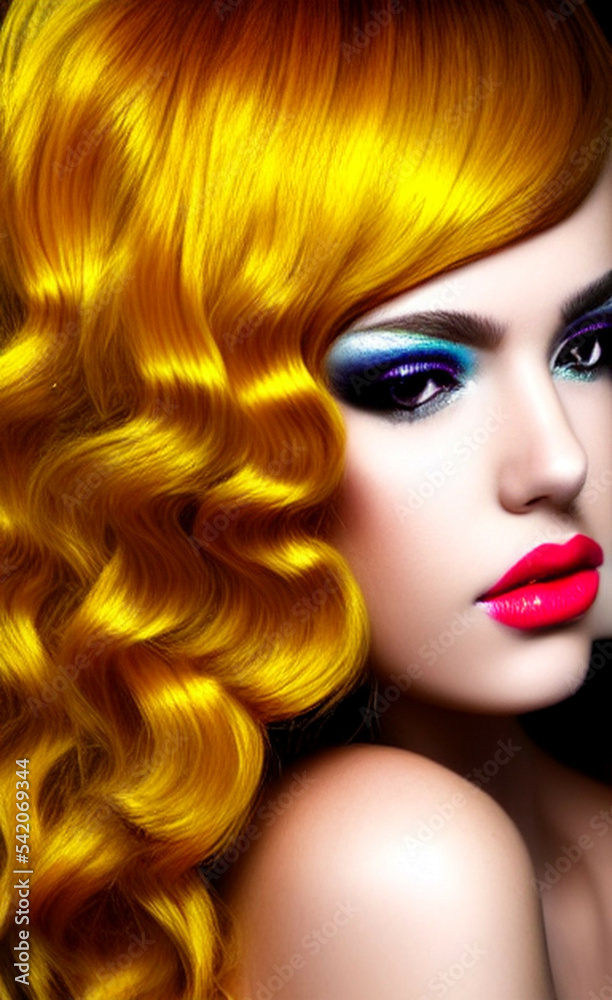 Fototapeta premium Portrait of a girl with creative makeup and hairstyle. Illustration. Generated by Artificial Intelligence.