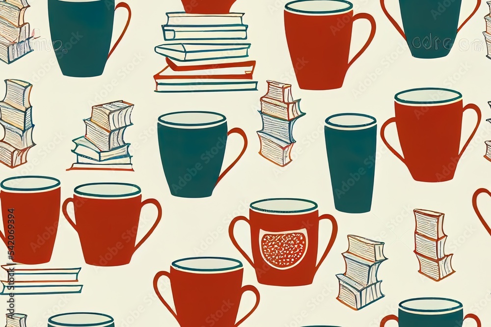 Obraz premium Seamless pattern background with books, glasses and mugs. Reading themed hand drawn 2d illustrated illustration.