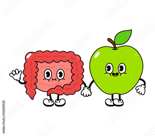 Cute, funny happy intestines and apple character. Vector hand drawn cartoon kawaii characters, illustration icon. Funny cartoon intestines and apple friends concept