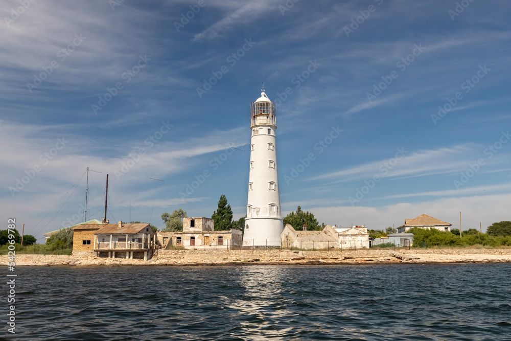 Lighthouse on Cape Tarkhankut in Crimea on a sunny day.