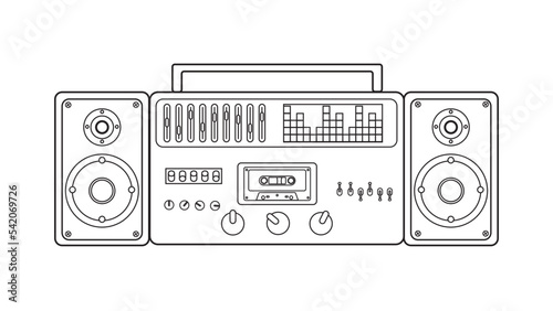Old retro vintage music cassette tape recorder with magnetic tape on reels from the 70s, 80s, 90s. Black and white icon. Vector illustration