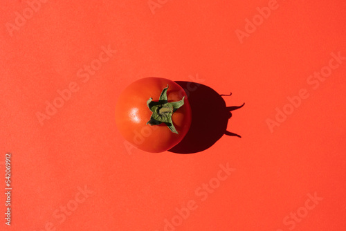 red tomato with a hard shadow on a red background © Роман Заворотный