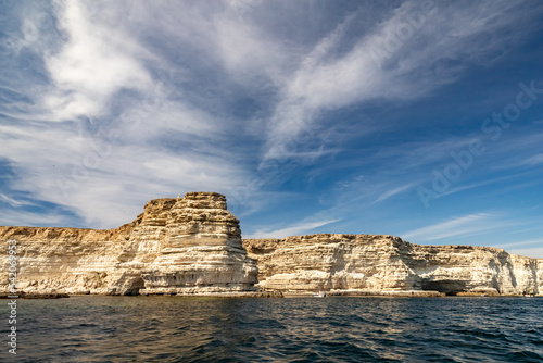 Cape Tarkhankut Crimea Russia. Rocky seashore on a sunny day.