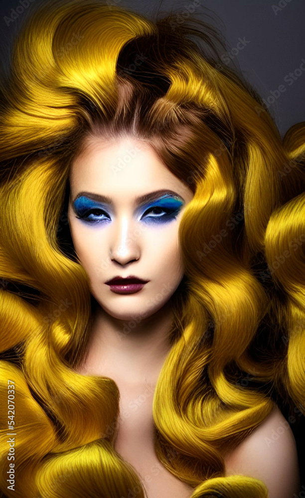 Fototapeta premium Portrait of a girl with creative makeup and hairstyle. Illustration. Generated by Artificial Intelligence.
