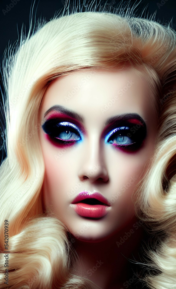 Portrait of a girl with creative makeup and hairstyle. Illustration. Generated by Artificial Intelligence. Portrait of a girl with creative makeup and hairstyle. Illustration. Generated by Artificial Intelligence.
