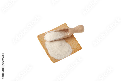 Konjac Gum Powder in wooden spoon on white background. Food additives E425 for moisture binding and texture control in food production photo