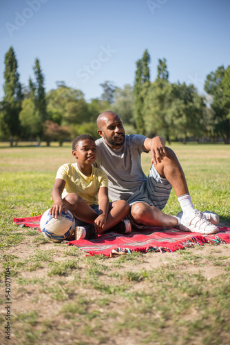 Portrait of happy man and boy sitting calmly on blanket. Smiling daddy and his cute son looking aside sitting close to each other in center of field. Parenting and having rest together concept