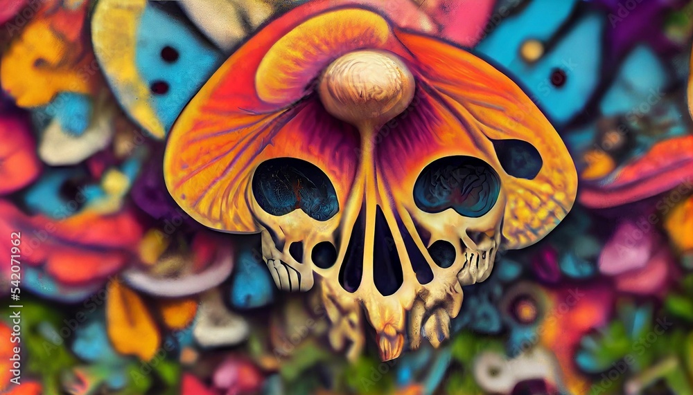 Midjourney render of abstract art wallpaper with psychedelic skulls and flowers