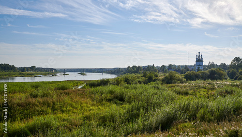 Russia. Town of Totma. View from the Kuskova embankment upstream of the Sukhona River. On the right is Trinity Church