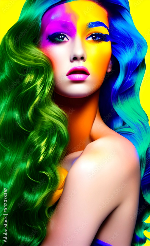 Portrait of a girl with creative makeup and hairstyle. Illustration. Generated by Artificial Intelligence. Portrait of a girl with creative makeup and hairstyle. Illustration. Generated by Artificial Intelligence.