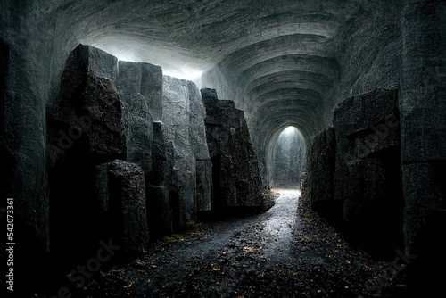 Foto Dark dungeon catacomb underground tunnel spectacular halloween passage 3D illust