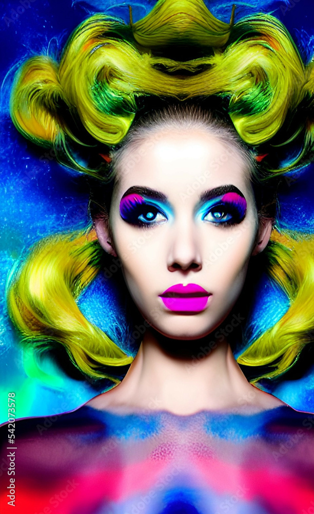 Portrait of a girl with creative makeup and hairstyle.  Illustration. Generated by Artificial Intelligence.